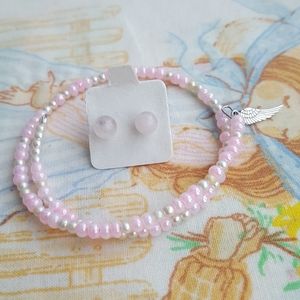🌙Handcrafted Rose QUARTZ Earrings Czech Pink Glass Bracelet Set